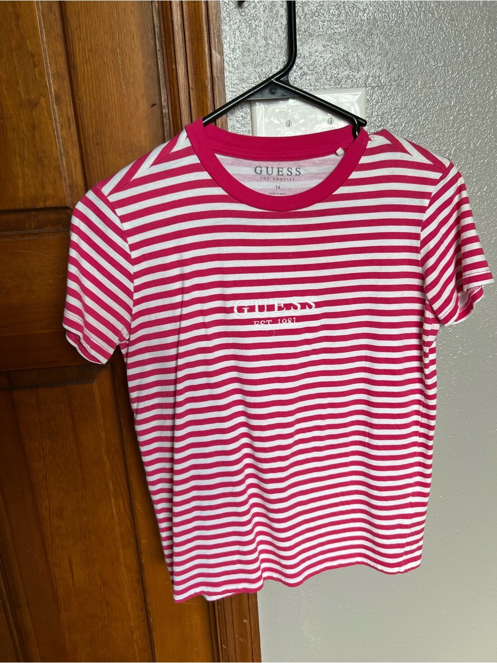 GUESS Pink & White Striped Logo Tee